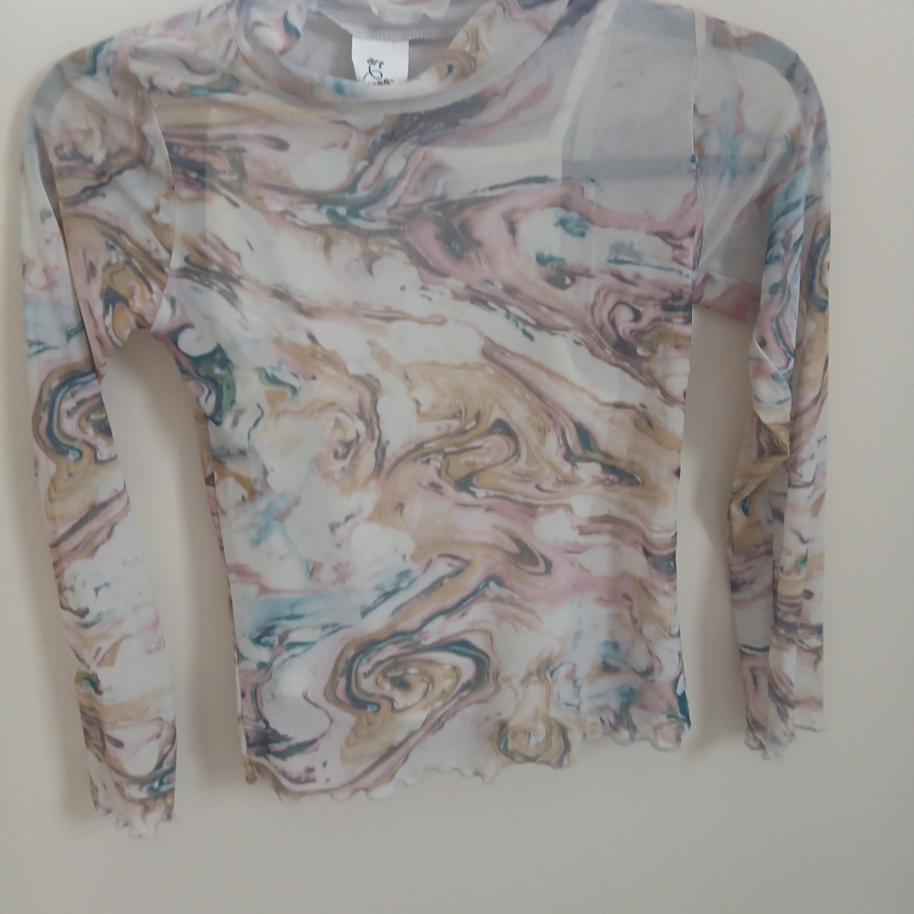Art Class Girls Medium Marble Mesh Mock Neck Top – Sheer Long Sleeve
